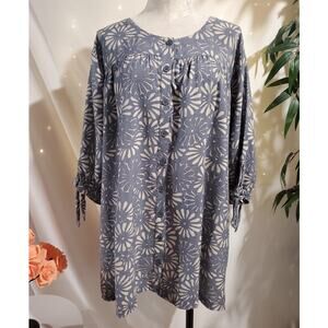 Junonia Button Floral Boho Button Blouse Tunic Top Size 4X 1/2 Tie Sleeve Gray